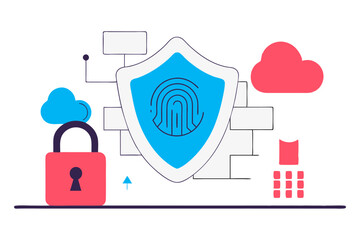 
An illustration depicting digital security, featuring a central shield with a fingerprint, a padlock, cloud icons, and network elements, symbolizing data protection and cybersecurity.