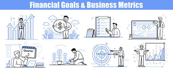 a set of eight monochrome illustrations depicting various aspects of financial goals and business metrics. interacting with charts, money, and planning tools, emphasizing growth and strategy.