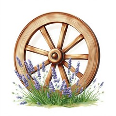 Beautiful watercolor illustration of a wooden wheel surrounded by lavender flowers, rustic, garden, nature, floral, outdoor, countryside, scenic, spring, summer, peaceful, landscape art
