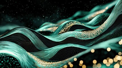 Abstract depiction of flowing waves with golden twinkling lights