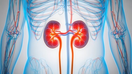 Detailed Anatomy of Human Kidneys with Blood Vessels in Blue and Red Medical Illustration