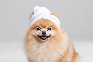 A dog with a towel on its head