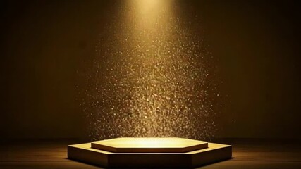 Stage with wooden podium under gold spotlights, sparkling particles and dramatic lighting – minimalist luxury abstract background perfect for elegant presentations – video download - Powered by Adobe