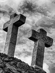 Two Crosses Against The Sky In Black And White