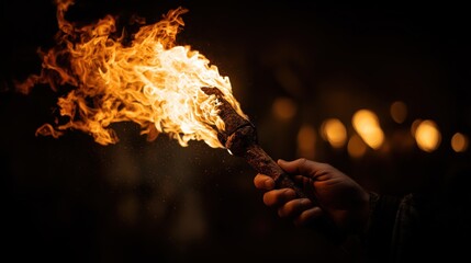 A hand holding a blazing torch against a dark backdrop, symbolizing hope, guidance, and the power of light in the face of darkness.