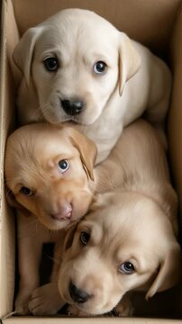Three Labrador puppies curled up in a cardboard box looking up with big, expressive eyes

