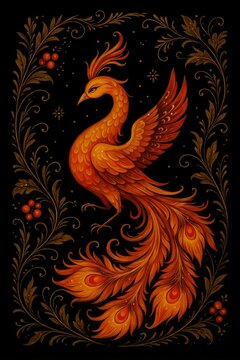 Firebird in Palekh Style &ndash; Traditional Russian Folk Art on Black Background
