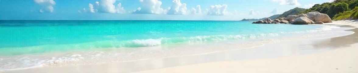 Fototapeta premium Serene coastal scene featuring soft, pale sand meeting tranquil turquoise water under a bright, clear sky Perfect for travel, vacation, or summer themes , shoreline, picturesque, sunny