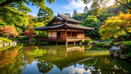 Naklejka premium 池に映る和の建築と静けさの風景
