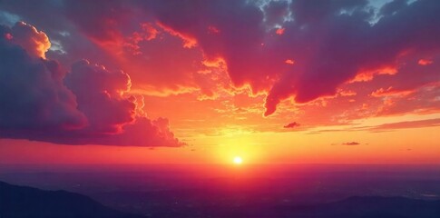 Fototapeta premium Stunning panoramic view of a vibrant sunset sky, filled with fiery oranges, deep reds, and soft pinks Perfect for travel, nature, and inspirational projects , vibrant, horizon, high resolution