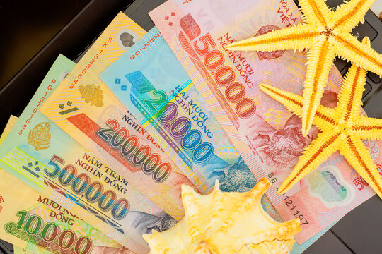 Vietnamese dong banknotes cash are creatively displayed alongside starfish seashell, hinting at travel plans