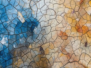abstract texture of cracked paint featuring blue and warm earth tones with intricate fissures creating an organic pattern
