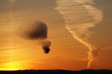 Large flock of birds forming two dense clusters in the sky during a vibrant orange sunset with dramatic cloud streaks above dark horizon