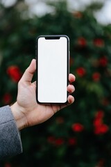 Hand holding smartphone with blank white screen against blurred background with red flowers and green foliage