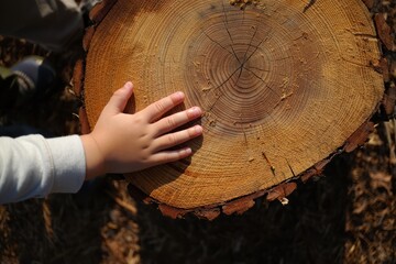 Small child’s hand touching a freshly cut tree stump showing wood texture and tree rings in natural outdoor setting