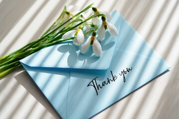 Blue envelope with handwritten thank you note placed on a light surface with delicate white snowdrop flowers and soft striped shadows