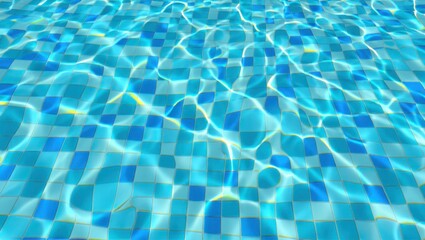 Surface of a clear swimming pool with blue and white square tiles reflecting sunlight creating a peaceful and refreshing visual effect