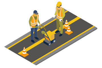 Construction workers paint yellow road stripes with a line marking machine, supervised and coned off for safety in an isometric cartoon illustration.