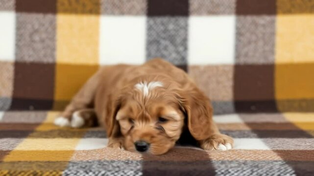 Tired cavapoo rests on a checkered blanket, creating a cozy scene with a close-up perspective and a focus on pet care.