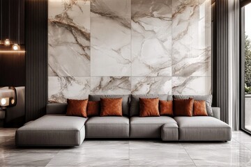 Modern Living Room with Marble Wall and Sectional Sofa