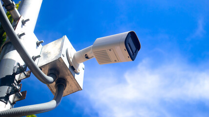 CCTV cameras on a metal box for outdoor installation. Attached to the steel pole structure....