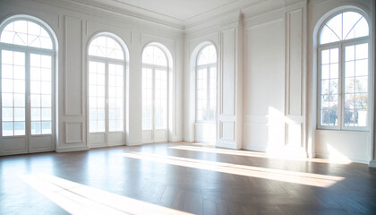 empty room in classic style and white color with arched windows and reflective floor