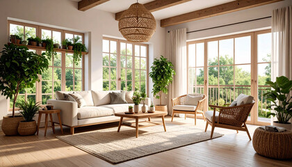 sunny living room in brown color and nature concept with plenty of window openings