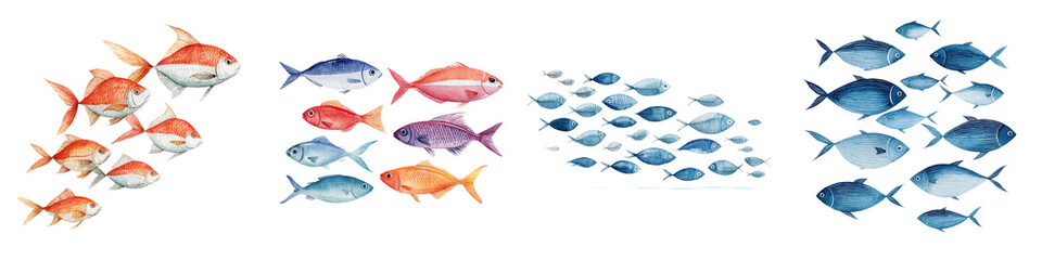 Fototapeta premium A school of colorful tropical fish swimming underwater long title A vibrant harmonious school of diverse fish species swimming together in a serene