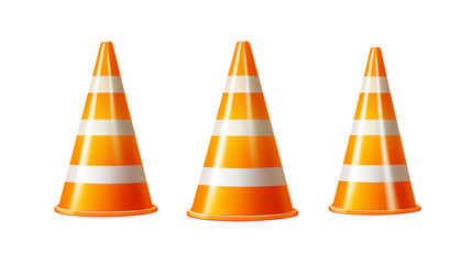 Three orange and white striped traffic cones on transparent background
