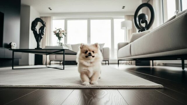 Adorable Pomeranian Puppy Standing on Rug in Elegant Modern Living Room

