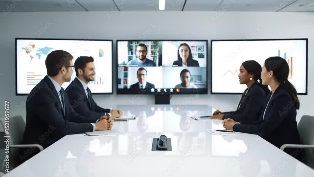 Poster business team attending video conference in modern office with white table and multiple screens disp