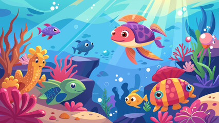 Underwater scene with cute cartoon fish sea life