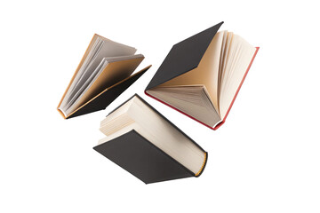 Colorful hardcover books flying in the air on transparent background

