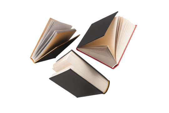 Colorful hardcover books flying in the air on transparent background

