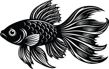 Elegant Black and White Goldfish Illustration, Vector Silhouette of Ornamental Aquarium Fish