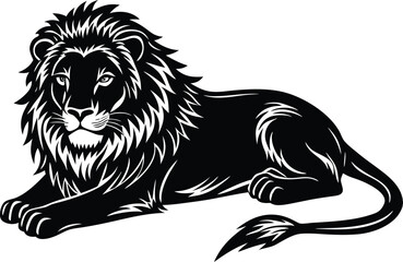 Elegant Lion Vector Illustration, Black Silhouette of a Majestic Lion Lying in Alert Pose