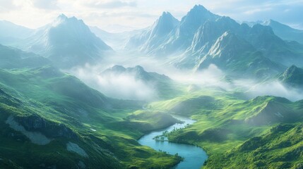 A beautiful landscape featuring mountains and a flowing river