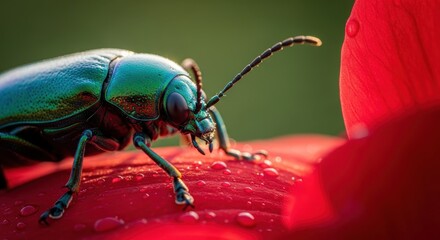 Fototapeta premium Vibrant Green Beetle on Red Petal Macro Photography