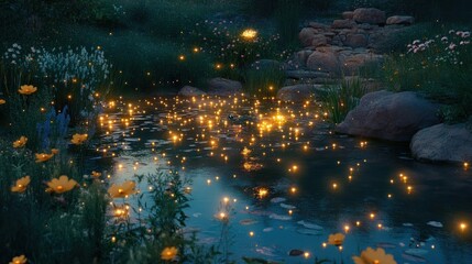 A serene night scene depicting a pond with glowing lights