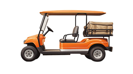 Side view of an orange golf cart against a black background