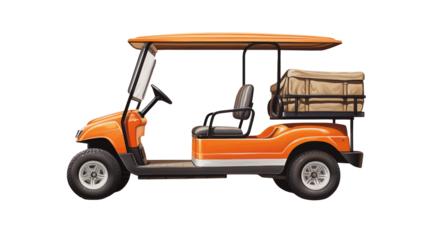 Side view of an orange golf cart against a black background