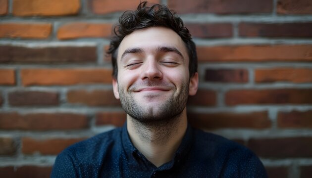A man with closed eyes smiles against a brick wall. - Powered by Adobe