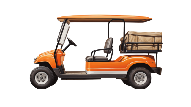 Side view of an orange golf cart against a black background