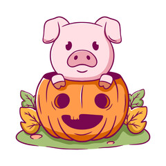 Cartoon pig is sitting inside a pumpkin. The pumpkin is orange and has a smiley face on it
