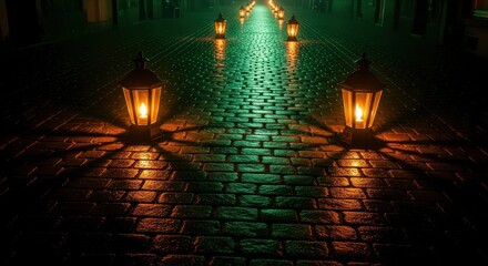 Enchanted Night Cobblestone Street Lit by Glowing Lanterns