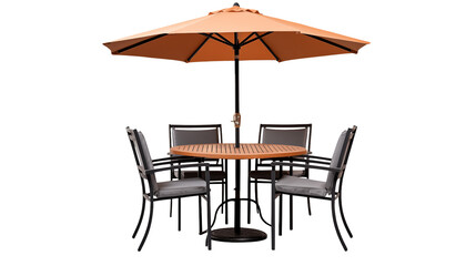 Outdoor patio set with umbrella and chairs on black background