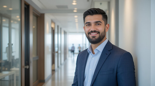 young age middle eastern businessman standing in hallway of modern office, successful arabic business man portrait, saudi corporate manager, assistant to ceo, starter newcomer - Powered by Adobe