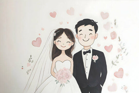 Happy cartoon asian bride and groom with hearts and flowers