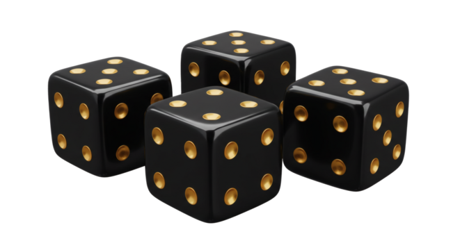 Four black dice with gold dots isolated on transparent background