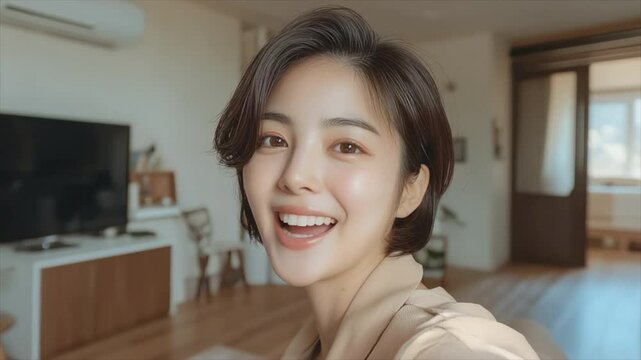 A 40 year old woman with a short hairstyle takes a selfie in the living room